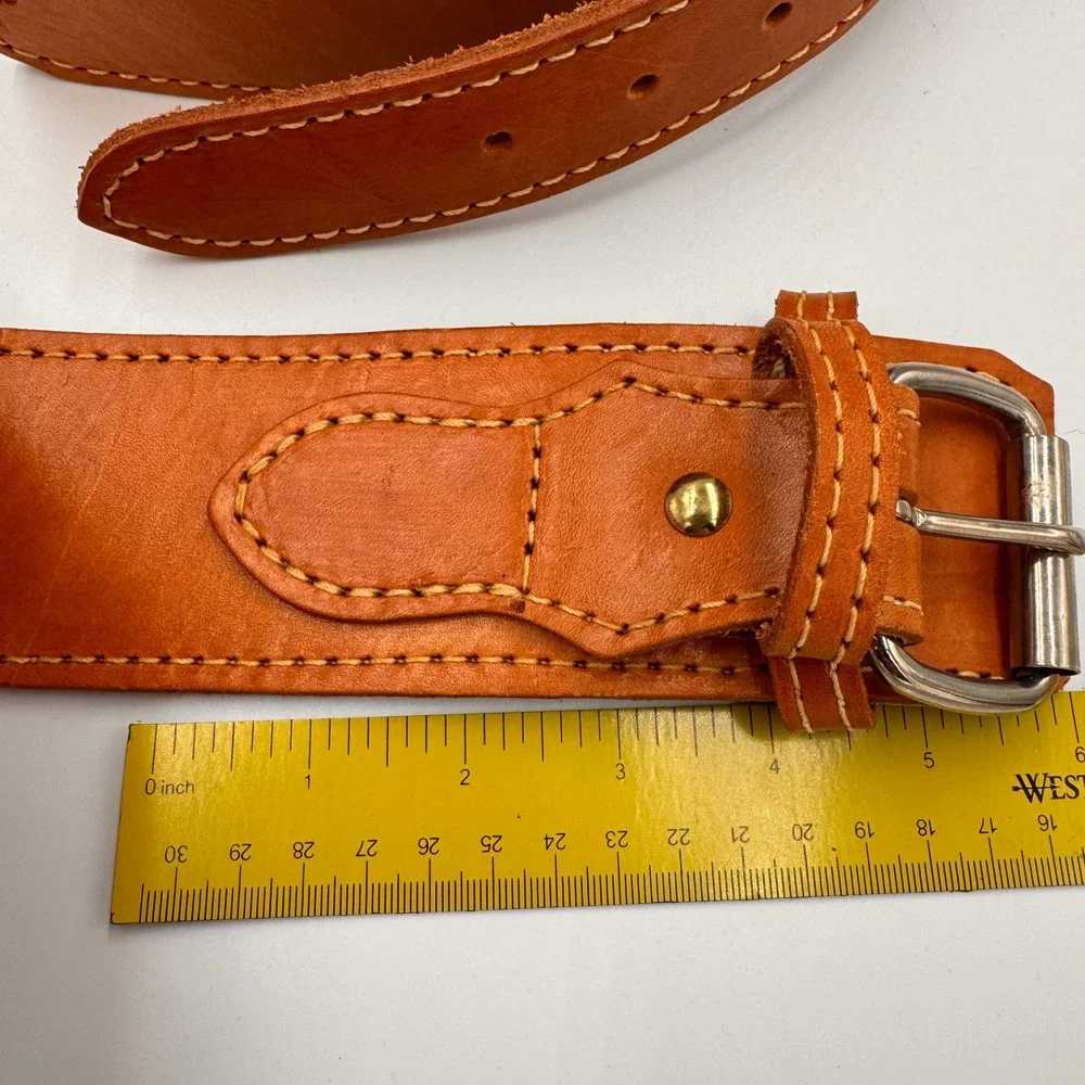 Lifting Workout Rugged Tan Leather Belt Wide Silver Roller Buckle 48 Fitness